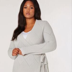 Apricot 1X Curve Wrap Sweater | Light Grey, Tie-Waist, Soft Knit, NWT
